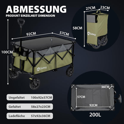Sekey XXL Plus Bollerwagen Faltbar 200L – Olivgrün Geländetauglich