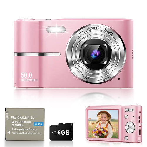 EJXHKNF M03 Digitalkamera 50MP Kompaktkamera 1080P mit 16x Zoom, Rosa, kompakte Bauform