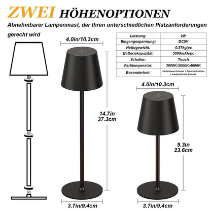 PreeOtti Akku LED Tischlampe kabellos 2er Set, Touch dimmbar, schwarz