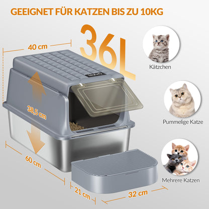 Fobyfurny Edelstahl-Katzenklo XXL geschlossen mit Deckel, Cremegrau