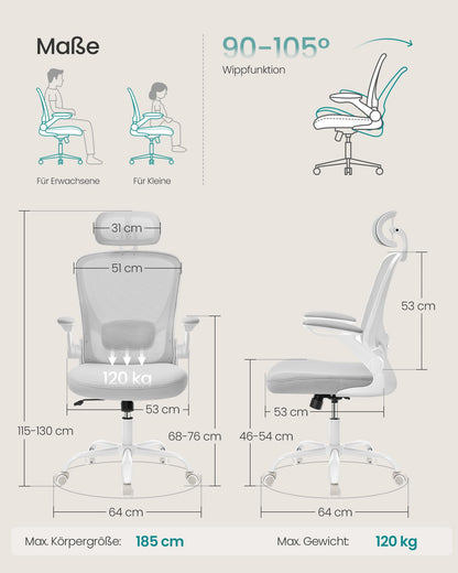 SONGMICS OBN047G01 Ergonomischer Bürostuhl – Taubengrau Mesh