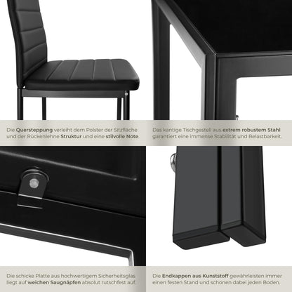 tectake Essgruppe Esstisch & 4 Stühle Kunstleder – Schwarz