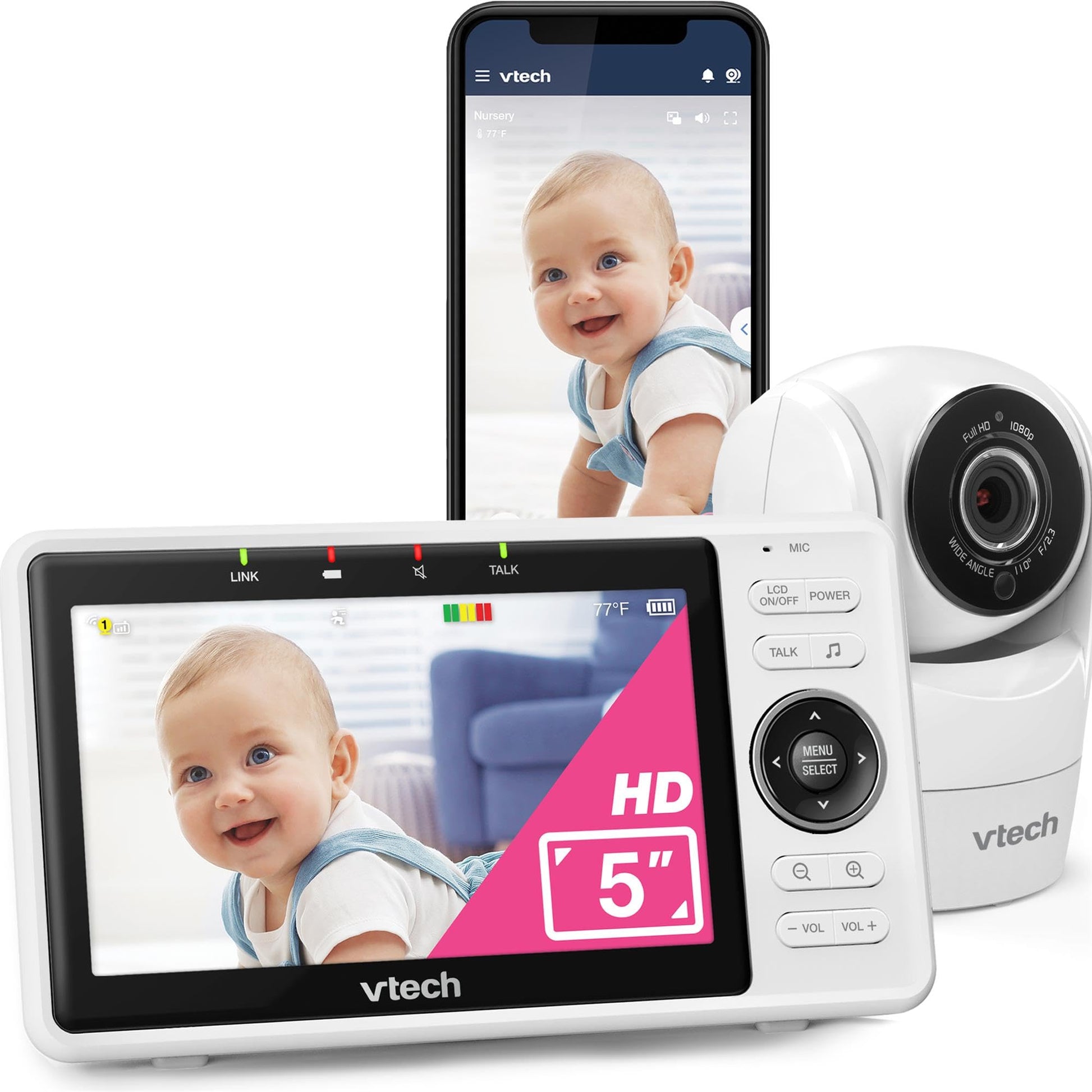 Vtech VM901-1W Smart Babyphone, WiFi-Kamera & 5 Zoll HD Display: Weißer 5 Zoll Monitor und WiFi-Kamera zur Babyüberwachung.