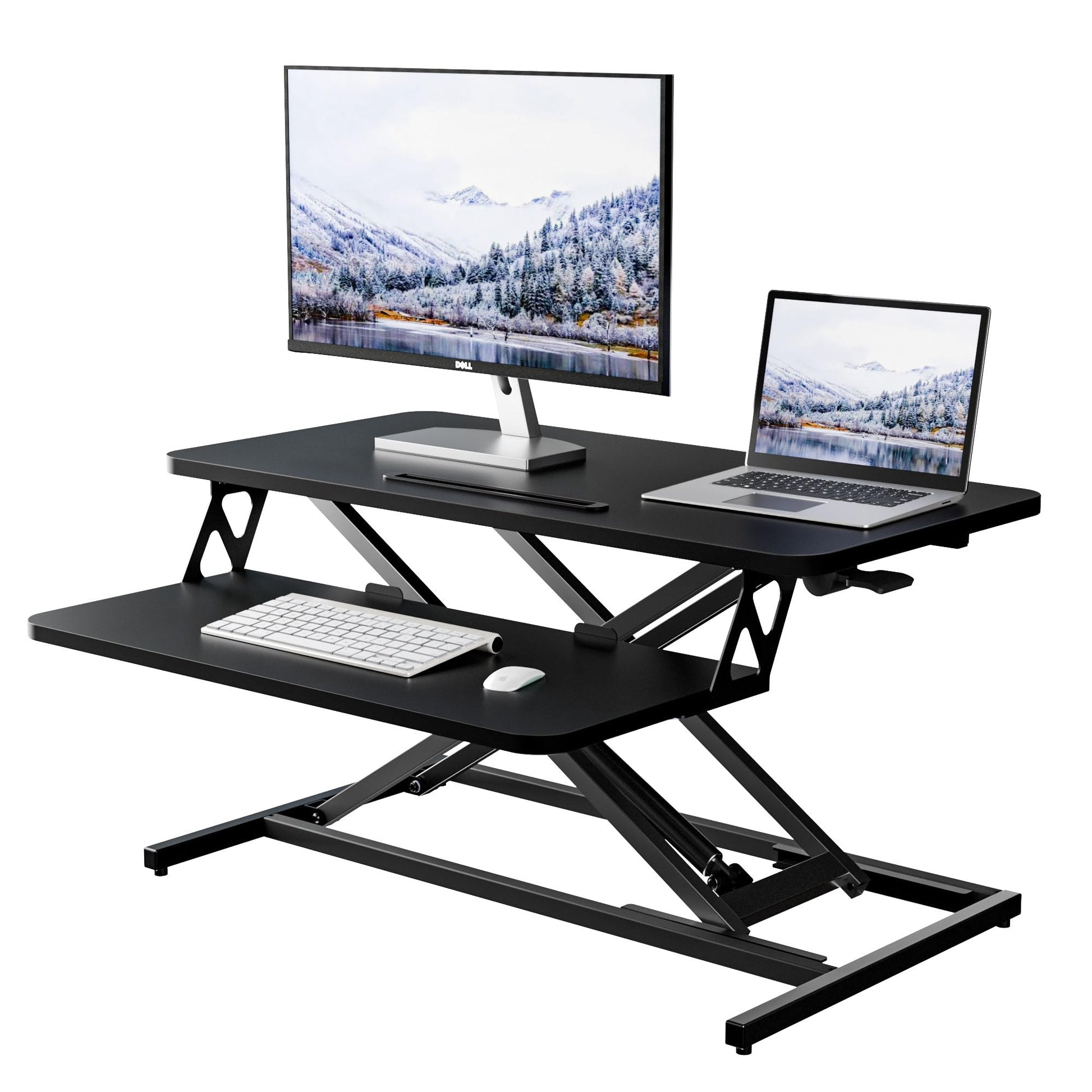 ERGOMAKER Stehpultaufsatz Sitz-Steh - 80x40 cm Schwarz. Rechteckige schwarze Plattform. Schafft einen flexiblen Sitz-Steh-Arbeitsplatz.