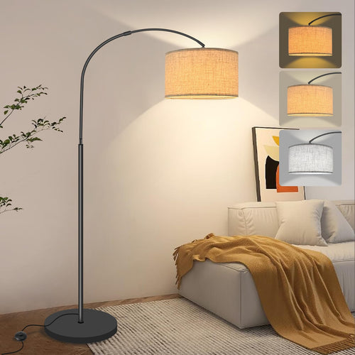 Fortand Bogenlampe LED Stehleuchte – Modern Leinen-Schirm. Gebogenes Design, weißer Leinen-Schirm. Sorgt für Raum- und Lesebeleuchtung.
