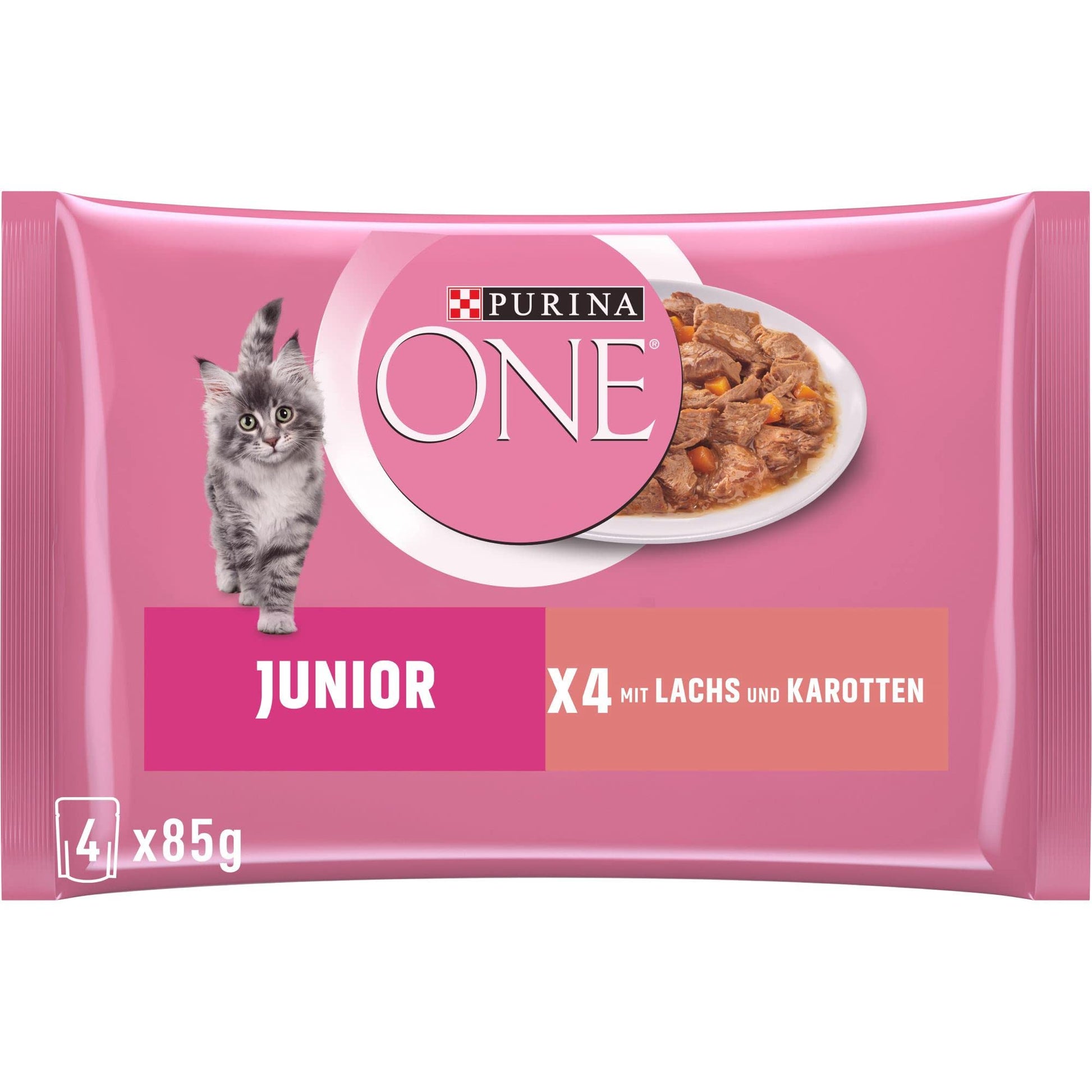 Purina ONE Junior Katzenfutter nass mit Lachs und Karotten, 12er Pack – Portionsbeutel à 85 g