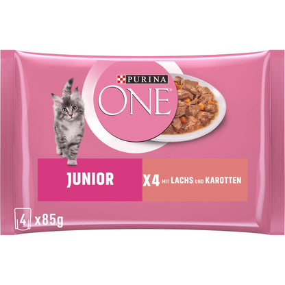 Purina ONE Junior Katzenfutter nass mit Lachs und Karotten, 12er Pack – Portionsbeutel à 85 g
