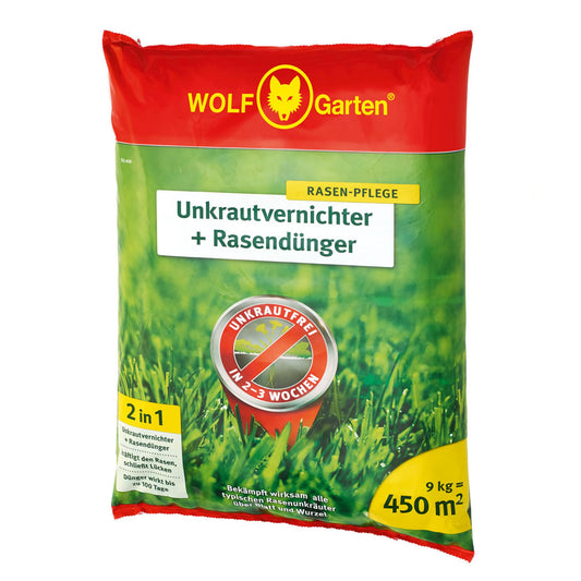 WOLF-Garten Unkrautvernichter + Rasendünger SQ 450, grünes Granulat. Bekämpft Unkraut und düngt Rasen.