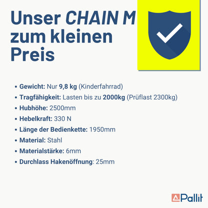 Pallit CHAIN-M Kettenflaschenzug – 2000 kg, 2.5 m Hubhöhe
