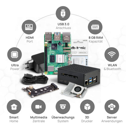 Raspberry Pi 5 8GB Mini-PC Set - PCIe M.2 NVMe 64GB SSD