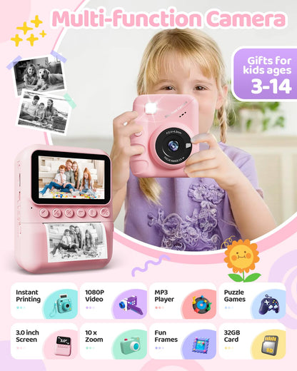 TIATUA Kinderkamera Sofortbildkamera 48 MP mit 32 GB Karte, Rosa