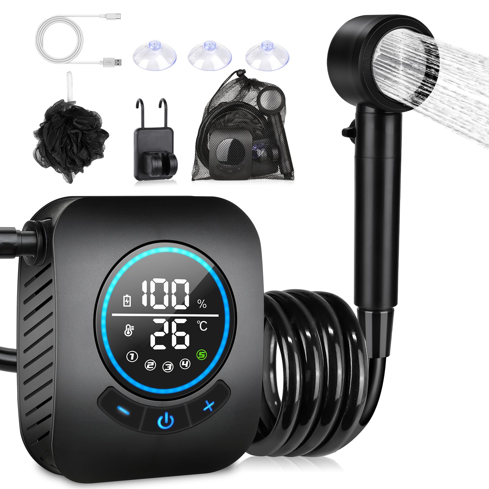 Spopal Campingdusche 8000mAh mit Pumpe und Temperaturanzeige, Set mit Duschkopf und 2-m-Schlauch