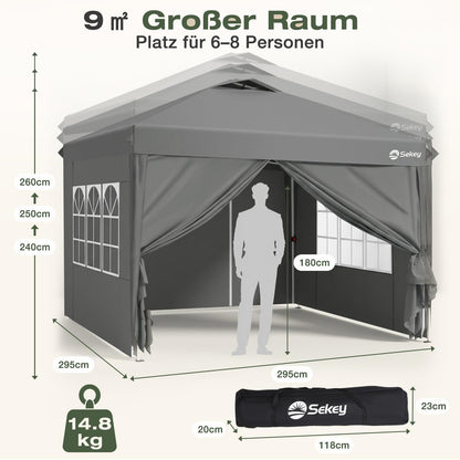 Sekey Pop Up Pavillon 3x3 m, wasserdicht, mit Seitenwänden, grau