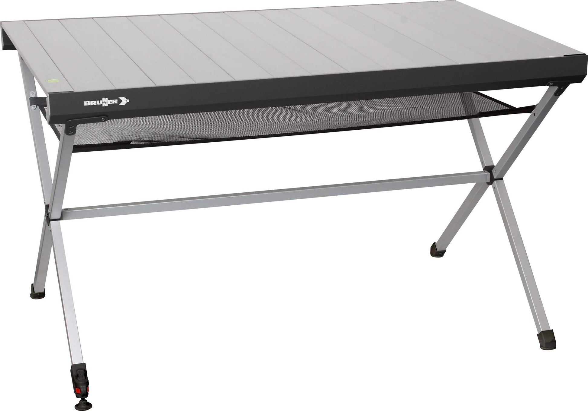 BRUNNER Camping Tisch Titanium Axia 4 - Silber/Schwarz. Rechteckiger Tisch mit silbernem Rahmen und schwarzer Platte zur Nutzung als stabile Ablage beim Camping.