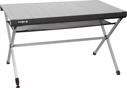 BRUNNER Camping Tisch Titanium Axia 4 - Silber/Schwarz. Rechteckiger Tisch mit silbernem Rahmen und schwarzer Platte zur Nutzung als stabile Ablage beim Camping.