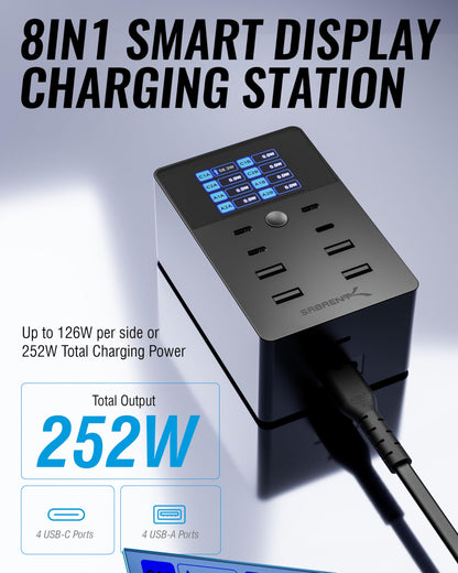 SABRENT USB Ladestation 252W 8-Port GaN PD 3.0 mit LCD-Display