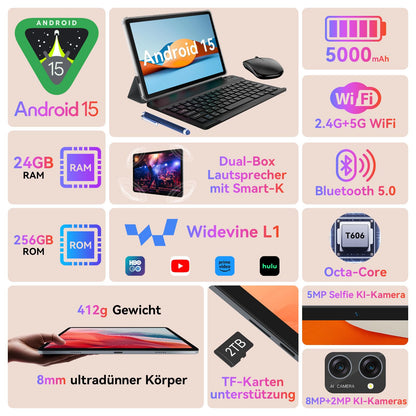 TABWEE Android 15 Gaming Tablet - 10 zoll, 24GB/256GB, Tastatur