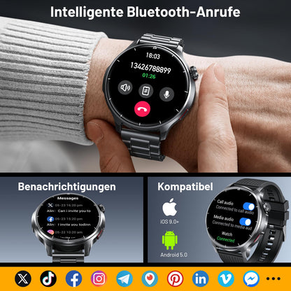 SLOKSFil I136 Smartwatch Herren, 1,52" HD-Touchscreen, Schwarzstahl