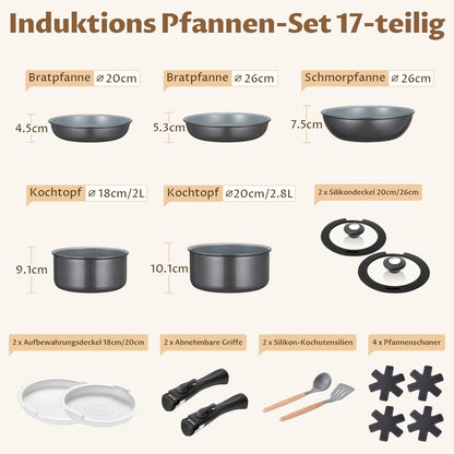 BEZIA Induktions Topfset 17-tlg – Keramik, abnehmbare Griffe