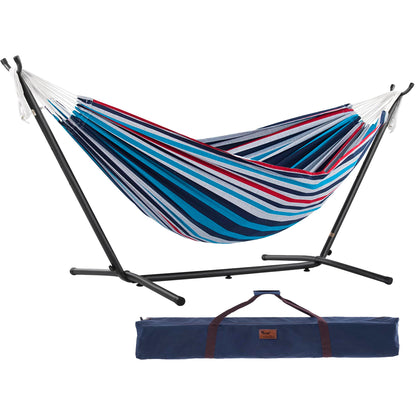 Vivere Hängematte mit Gestell - Denim Doppel Baumwolle. Blaue Hängematte aus Baumwolle mit Metallgestell. Zum Entspannen und Liegen im Garten oder auf der Terrasse geeignet.
