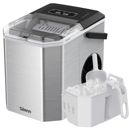 Silonn Mini Eiswürfelmaschine - Tragbar & Selbstreinigend, silberfarben, rechteckig, produziert Eiswürfel zur Kühlung von Getränken.