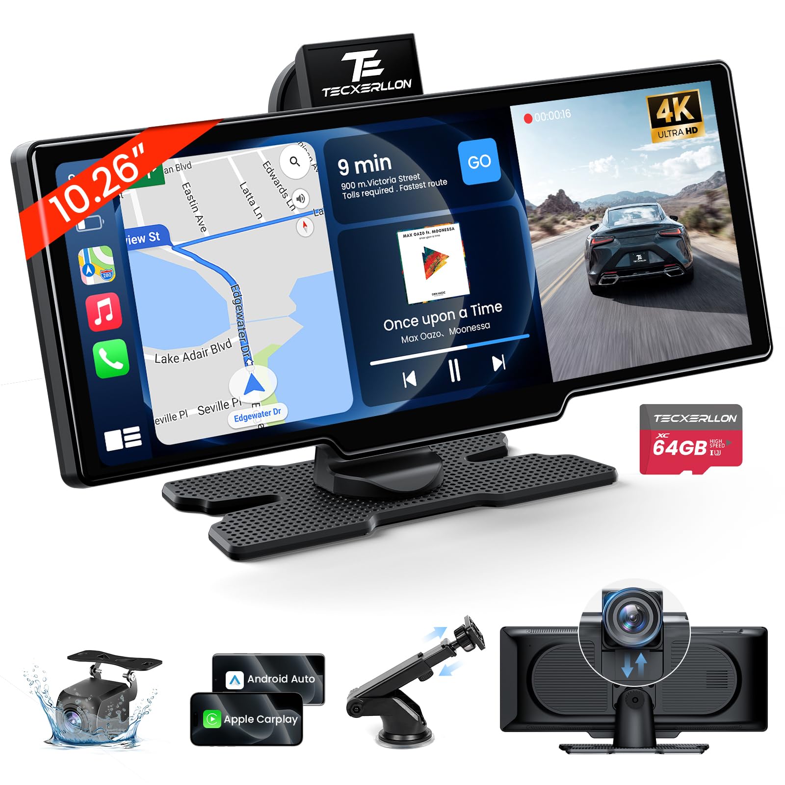 TECXERLLON DC10Q5 CarPlay Display mit 4K Dashcam und Rückfahrkamera, 10,26-Zoll-HD-IPS-Bildschirm