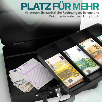 ACROPAQ Geldkassette abschliessbar, gross, mit Münzzählbrett, schwarz