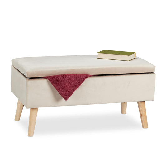 Relaxdays Sitzbank Samt Creme - Truhenbank Flur