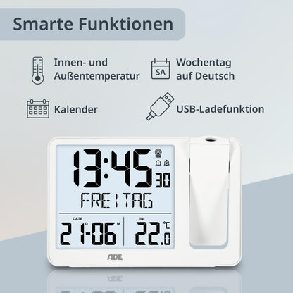ADE Projektionswecker CK2406-2 Funkwecker mit Aussensensor, weiss