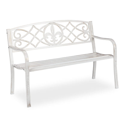Relaxdays Fleur de Lis Gartenbank - 2-Sitzer weiss-Bronze: Weiss-bronze 2-Sitzer Gartenbank mit Lilien-Motiven zum Sitzen im Garten.