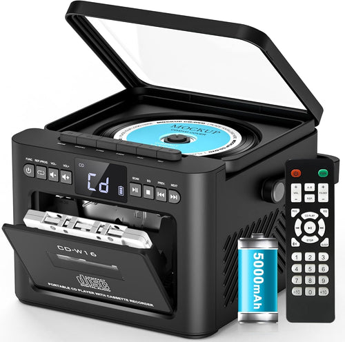 Greadio CD-Player tragbar mit Kassette, UKW Radio und Bluetooth in Schwarz mit LED-Bildschirm