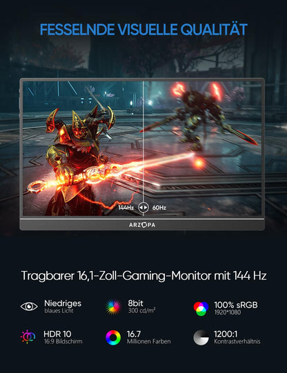 ARZOPA Z1FC Tragbarer Gaming Monitor - 16.1" 144Hz FHD HDR