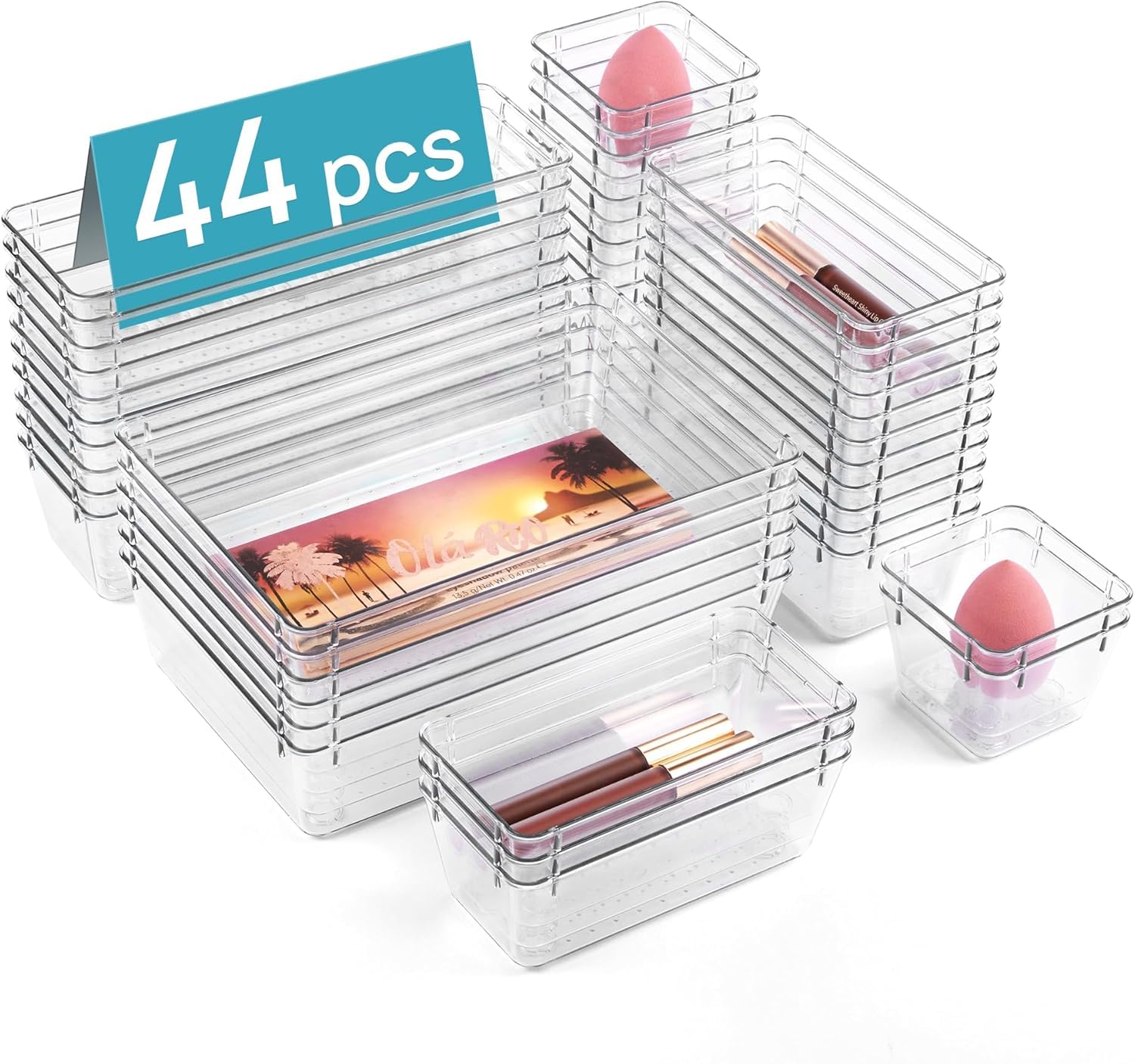 Vtopmart Schubladen Organizer Set, 44-teilig, 4 Grössen, transparent – Kunststoffschalen zur Schubladenorganisation