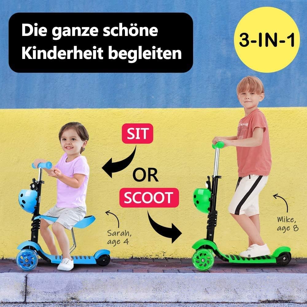 YOLEO 5-in-1 Kinderroller mit Sitz, Schubstange und Korb, grün, drei leuchtende PU-Räder