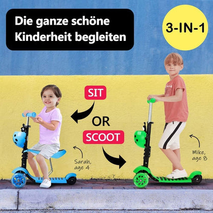 YOLEO 5-in-1 Kinder Scooter mit Sitz, Korb und Schubstange, Blau