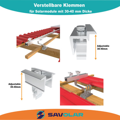 SAVOLAR Solarmodul Montageset Ziegeldach – für 2 Paneele Edelstahl