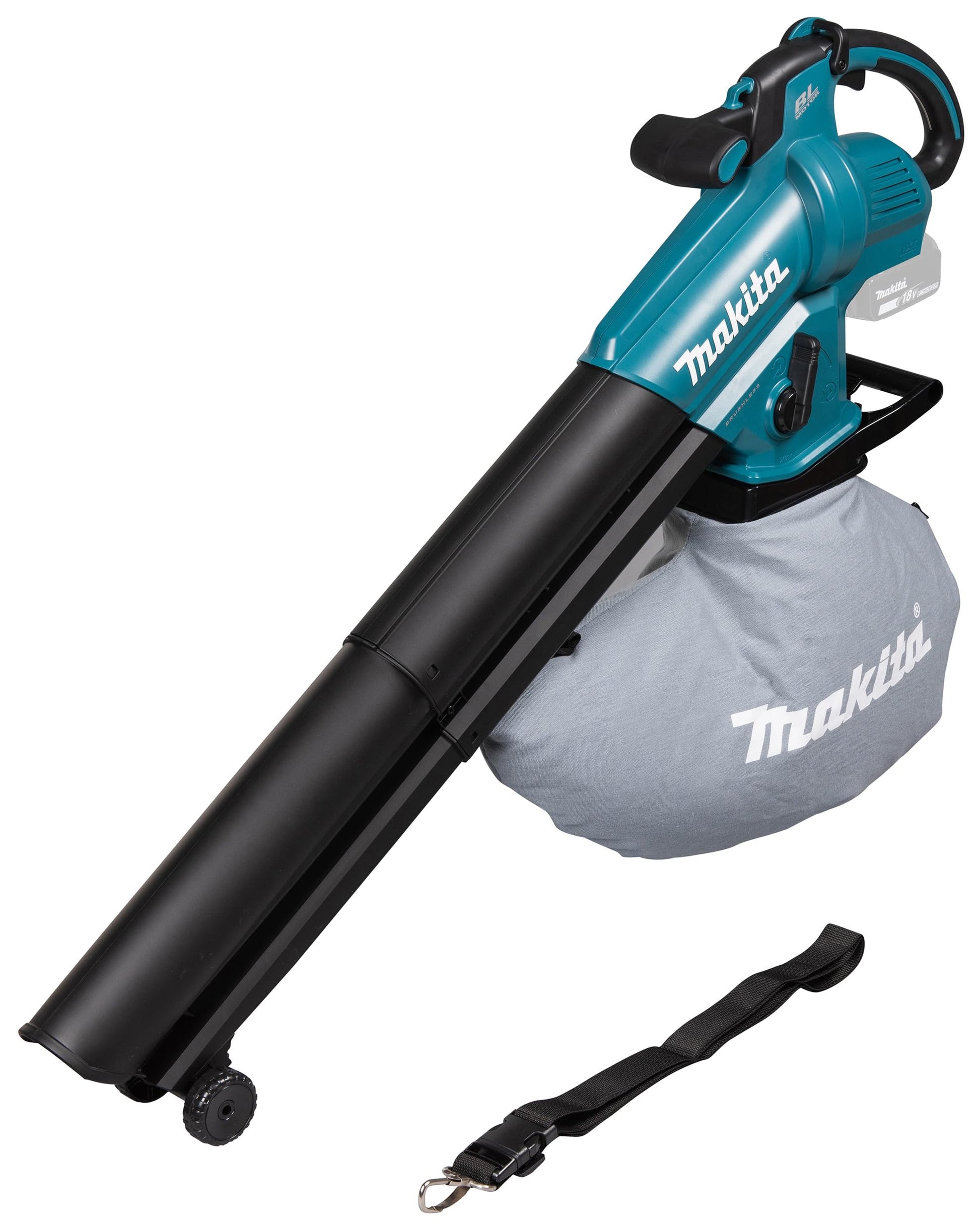 Makita DUB187Z Akku-Laubbläser & Sauger 18V Solo, blau-schwarzes Gerät mit Gebläse- und Saugrohr zum Blasen und Saugen von Laub.