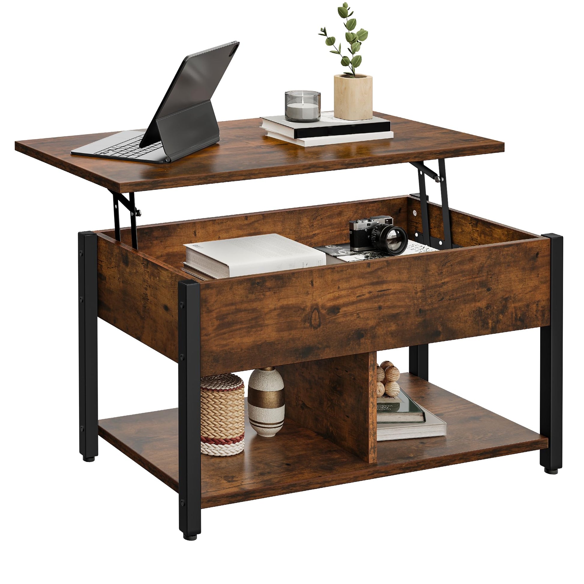 YITAHOME Couchtisch anhebbar höhenverstellbar. Vintage-Braun, rechteckig, für flexible Nutzung im Wohnzimmer.