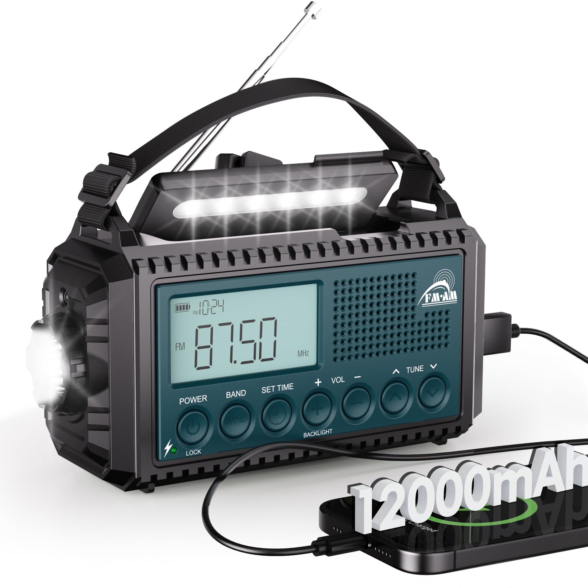 Mesqool Kurbelradio AM/FM/SW Notfallradio mit Taschenlampe, blau, mit Teleskopantenne