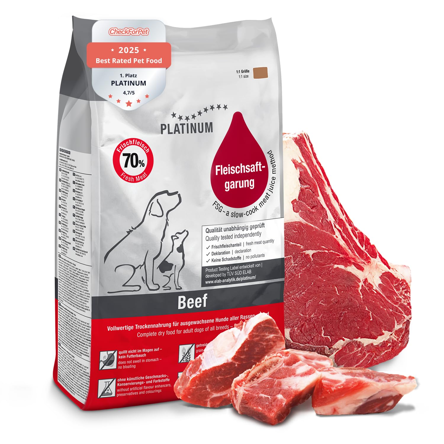 PLATINUM Adult Beef Hundefutter trocken aus Fleischsaftgarung 5 kg, Trockenfutter für kleine und grosse Hunde