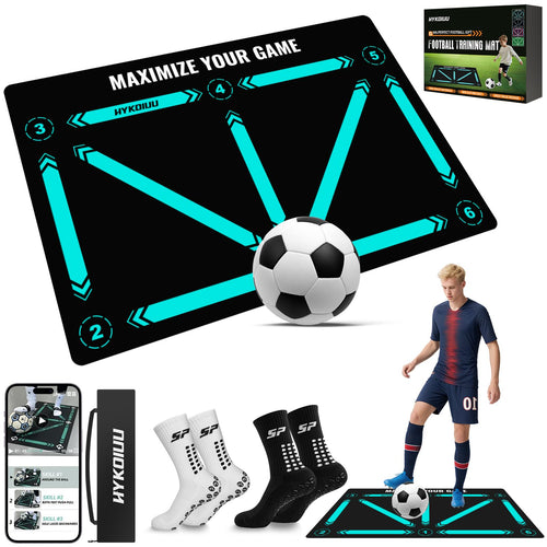 hykoiuu Fussball-Trainingsmatte 120x80 cm Set mit rutschfesten Socken, Matte mit markierten Zonen