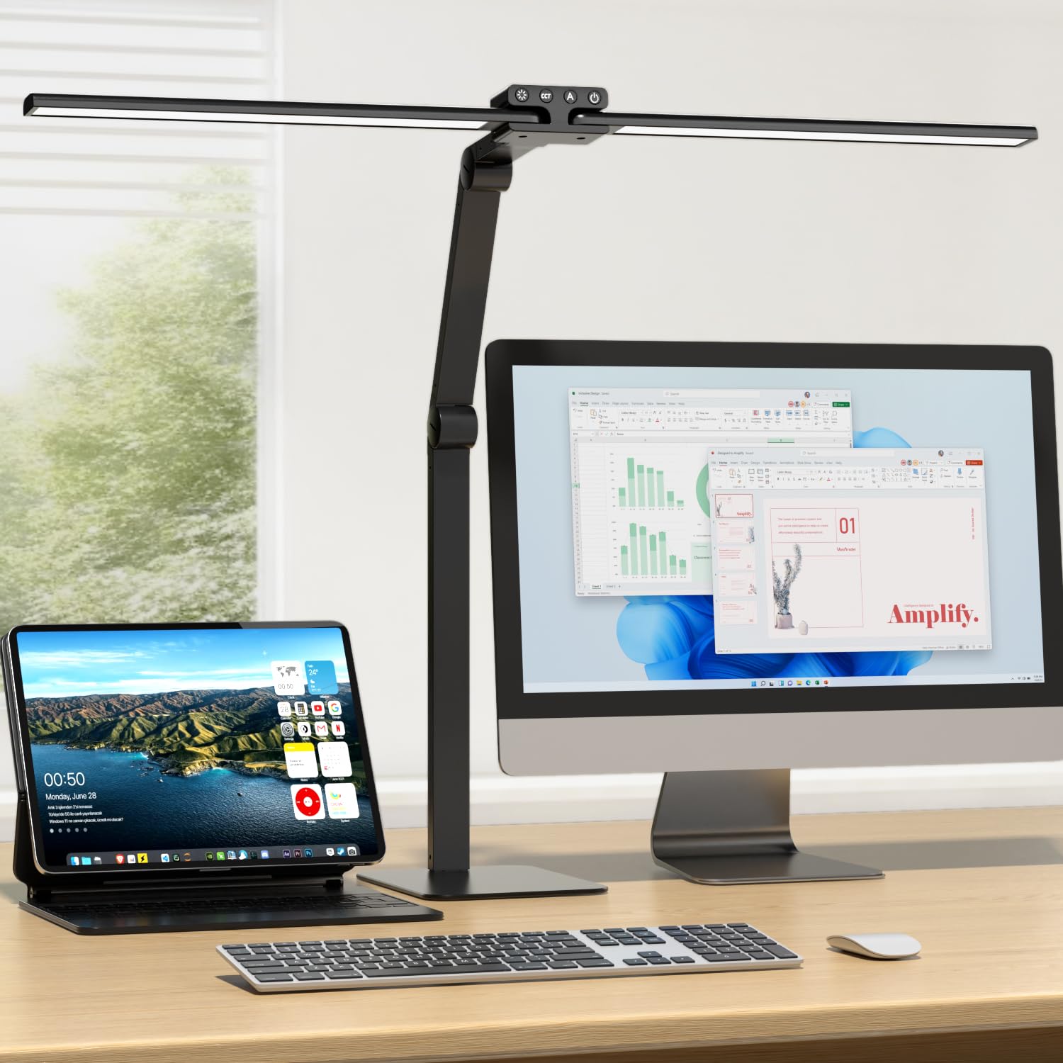 KableRika Doppelkopf LED Schreibtischleuchte Dimmbar - Schwarz. Zwei schwarze LED-Köpfe, dimmbar, zur Arbeitsplatzbeleuchtung.