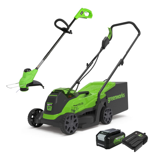 Greenworks 24V Akku-Mäher & Trimmer Set GD24LM33LT25K4: Grüne Akku-Geräte für kabelloses Rasenmähen und Kanten trimmen.