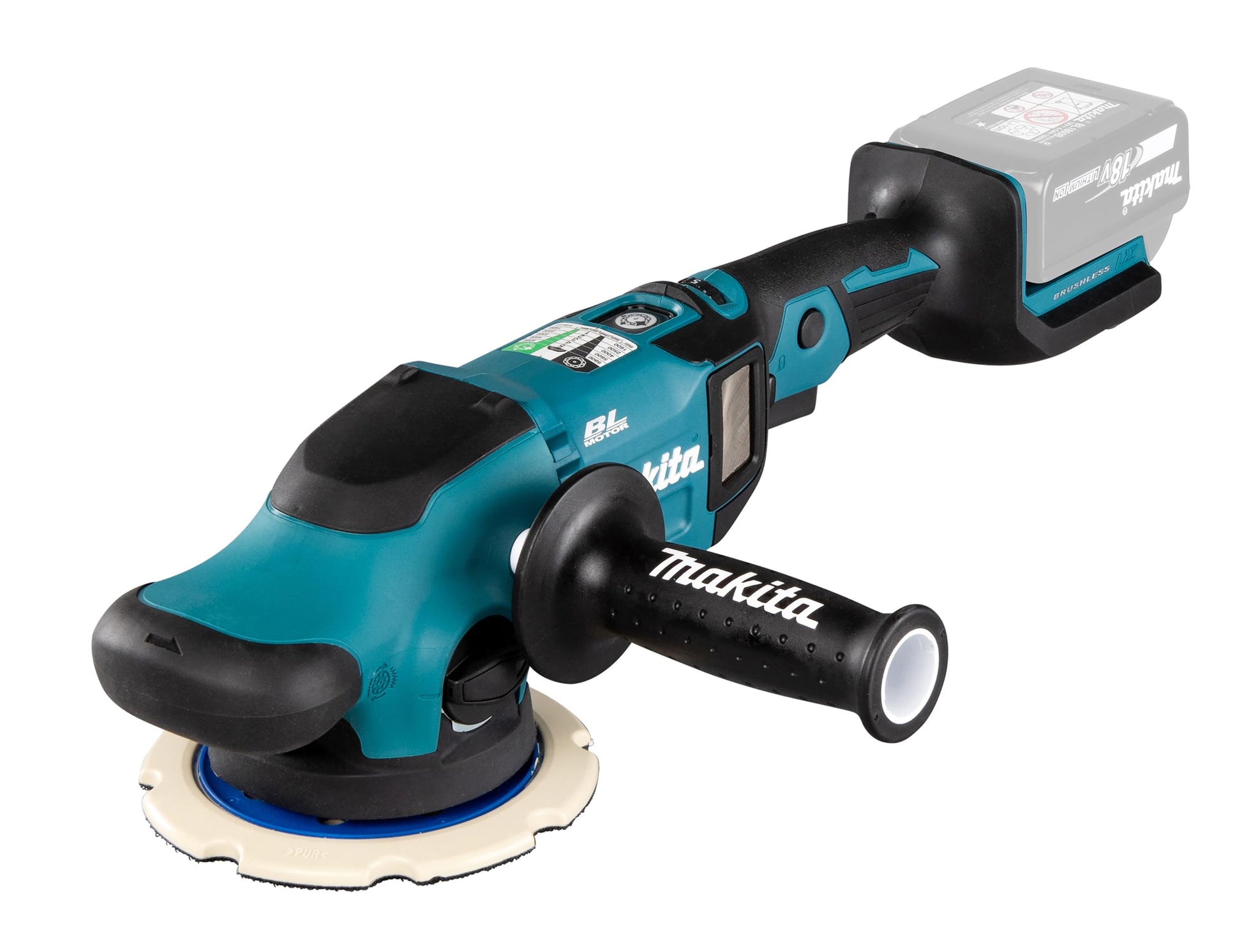 Makita DPO600Z Akku-Exzenterpolierer 18V ohne Akku. Blauer Handpolierer mit rundem Polierpad für hologrammfreies Polieren von Lacken.