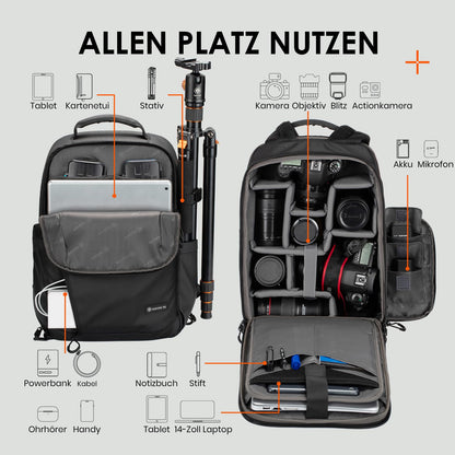 TARION Kamerarucksack TR-L wasserdicht, 14 Zoll Laptopfach, schwarz