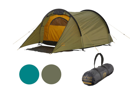 Grand Canyon Robson Campingzelt – Oliv, 330x175x115 cm. Bietet Wetterschutz und Unterkunft für Outdoor-Übernachtungen.