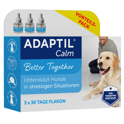 ADAPTIL Calm Vorteilspack Hunde – 3x 48ml Nachfüllflakon. Drei transparente Flakons mit beruhigenden Hunde-Pheromonen für den Diffusor-Einsatz.
