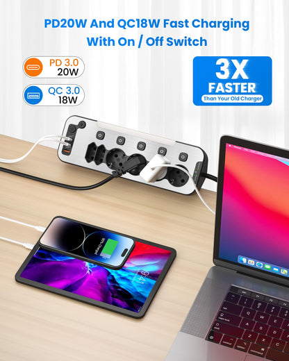 HoniHom Tischsteckdose 6-fach mit USB-C PD 20W, einzeln schaltbar