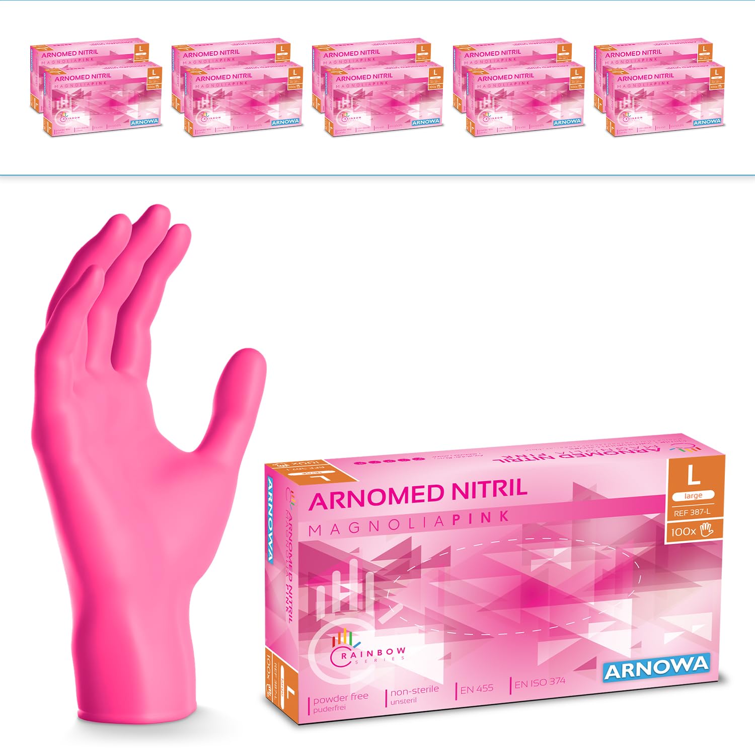 ARNOMED Nitrilhandschuhe puderfrei - pink, L, 2000 Stück. Pinke Einweghandschuhe für Schutz und Hygiene in Praxis und Labor.