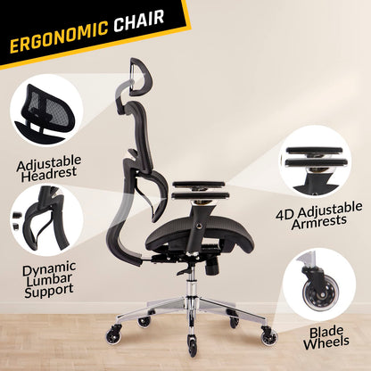 KLIM K800 Ergonomischer Bürostuhl – Lendenstütze, 4D Armlehnen